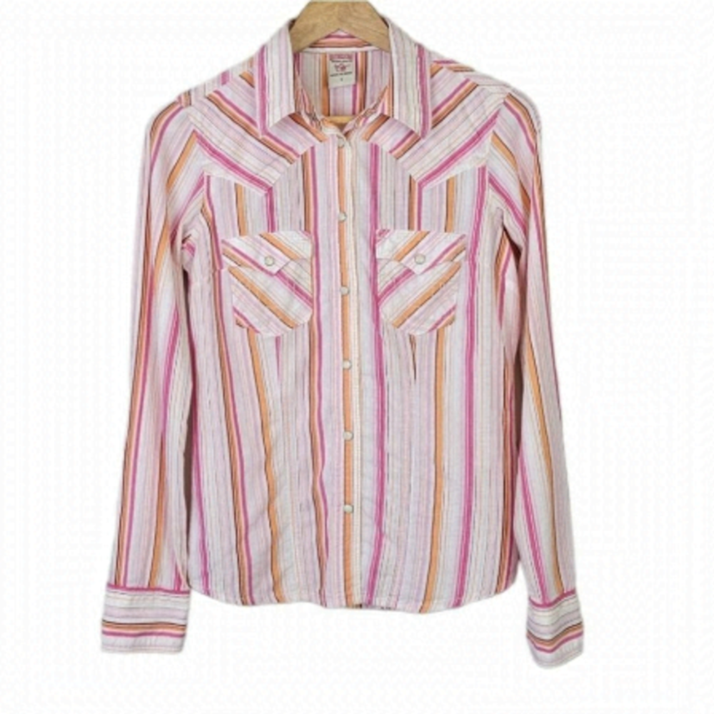 TRUE religion snap pearl button down shirt stripes pink orange western S